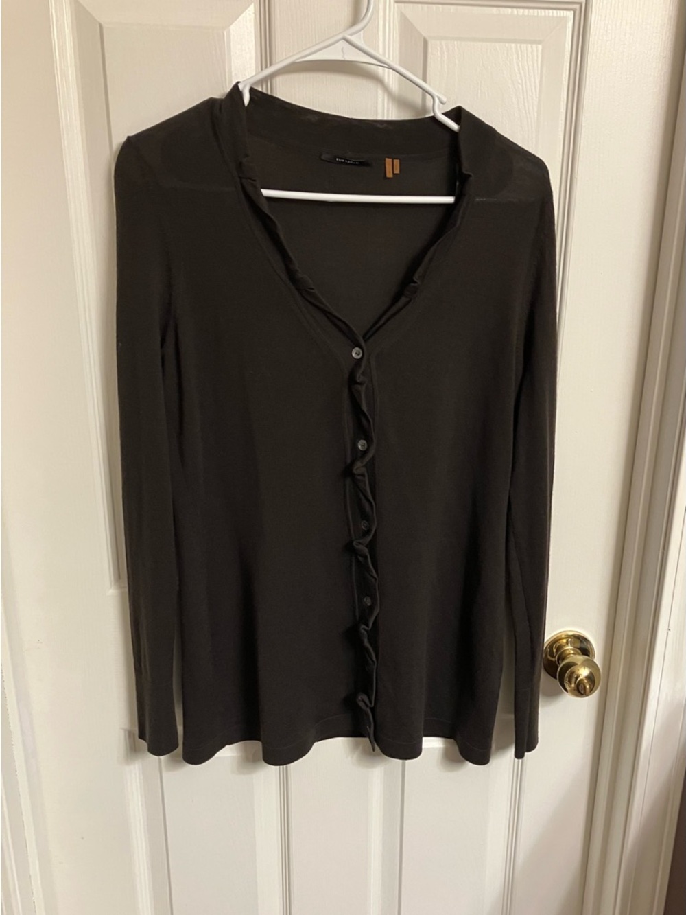Elie Tahari | Brown Long-Sleeve Ruffle-Trim Button-Down Sweater 100% Merino Wool